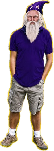 A wizard in a purple polo shirt, cargo shorts and hiking trainers